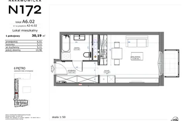 Rzut - Mieszkanie na sprzedaż 1 pokój o powierzchni 30,19 m² - numer A6.02 w Naramowicka 172