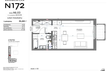Rzut - Mieszkanie na sprzedaż 1 pokój o powierzchni 31,64 m² - numer A6.03 w Naramowicka 172