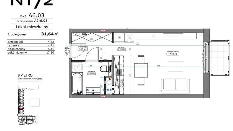 Rzut - Mieszkanie na sprzedaż 1 pokój o powierzchni 31,64 m² - numer A6.03 w Naramowicka 172