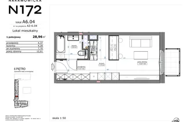 Rzut - Mieszkanie na sprzedaż 1 pokój o powierzchni 29,26 m² - numer A6.04 w Naramowicka 172