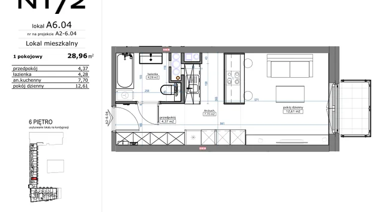 Rzut - Mieszkanie na sprzedaż 1 pokój o powierzchni 29,26 m² - numer A6.04 w Naramowicka 172