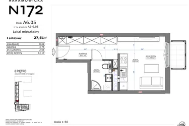 Rzut - Mieszkanie na sprzedaż 1 pokój o powierzchni 27,61 m² - numer A6.05 w Naramowicka 172
