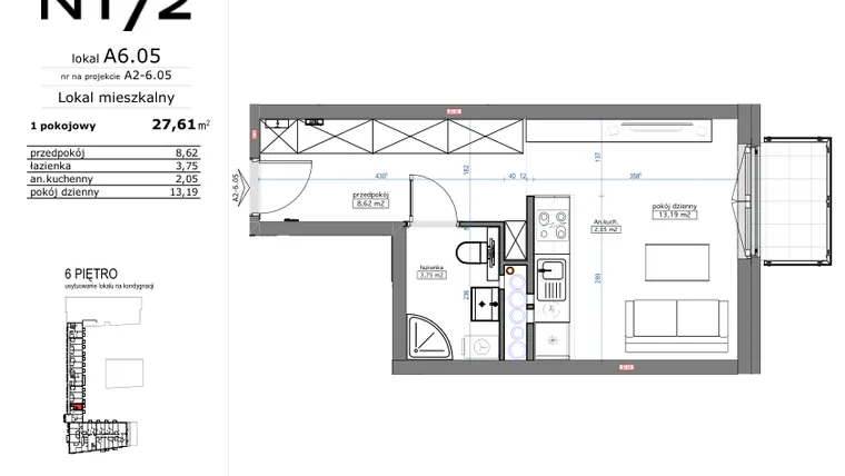 Rzut - Mieszkanie na sprzedaż 1 pokój o powierzchni 27,61 m² - numer A6.05 w Naramowicka 172
