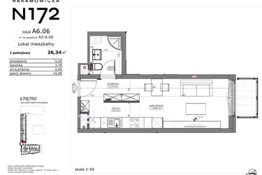 Rzut - Mieszkanie na sprzedaż 1 pokój o powierzchni 26,34 m² - numer A6.06 w Naramowicka 172