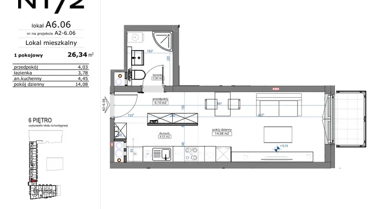 Rzut - Mieszkanie na sprzedaż 1 pokój o powierzchni 26,34 m² - numer A6.06 w Naramowicka 172