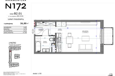Rzut - Mieszkanie na sprzedaż 1 pokój o powierzchni 31,55 m² - numer B2.01 w Naramowicka 172