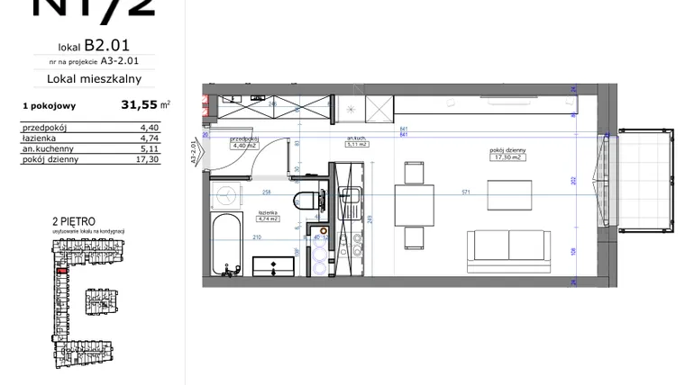 Rzut - Mieszkanie na sprzedaż 1 pokój o powierzchni 31,55 m² - numer B2.01 w Naramowicka 172