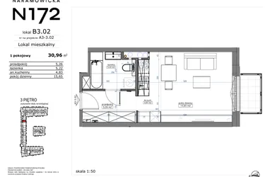 Rzut - Mieszkanie na sprzedaż 1 pokój o powierzchni 30,96 m² - numer B3.02 w Naramowicka 172