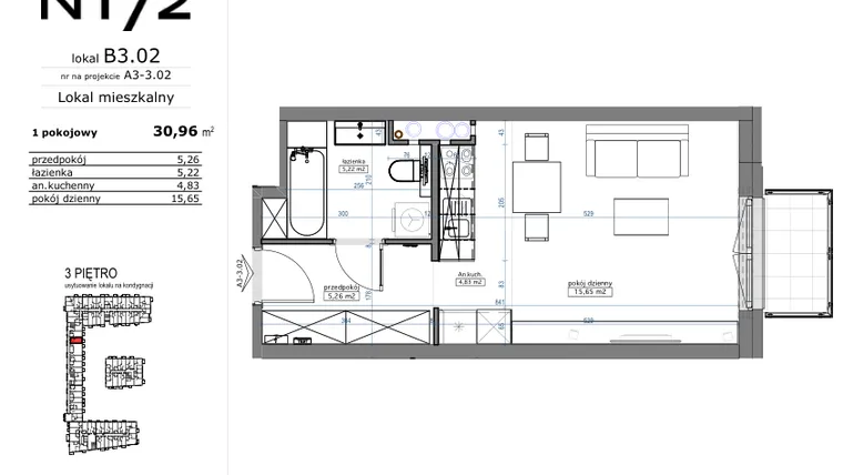 Rzut - Mieszkanie na sprzedaż 1 pokój o powierzchni 30,96 m² - numer B3.02 w Naramowicka 172