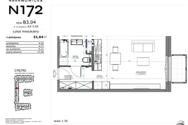 Rzut - Mieszkanie na sprzedaż 1 pokój o powierzchni 31,64 m² - numer B3.04 w Naramowicka 172