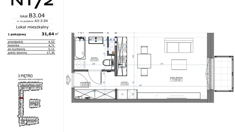 Rzut - Mieszkanie na sprzedaż 1 pokój o powierzchni 31,64 m² - numer B3.04 w Naramowicka 172