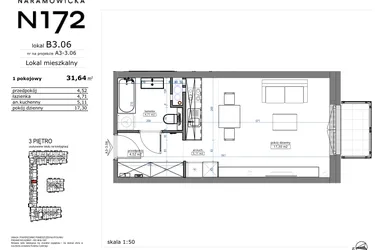 Rzut - Mieszkanie na sprzedaż 1 pokój o powierzchni 31,64 m² - numer B3.06 w Naramowicka 172