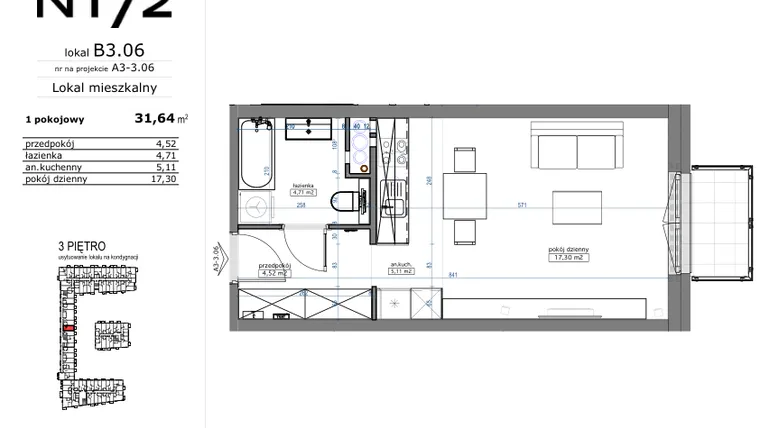 Rzut - Mieszkanie na sprzedaż 1 pokój o powierzchni 31,64 m² - numer B3.06 w Naramowicka 172