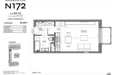 Rzut - Mieszkanie na sprzedaż 1 pokój o powierzchni 31,55 m² - numer B4.01 w Naramowicka 172