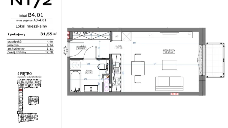 Rzut - Mieszkanie na sprzedaż 1 pokój o powierzchni 31,55 m² - numer B4.01 w Naramowicka 172