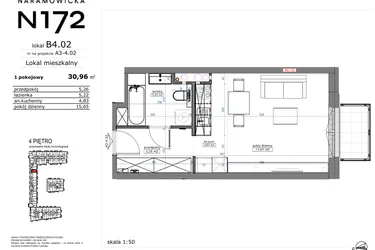Rzut - Mieszkanie na sprzedaż 1 pokój o powierzchni 30,96 m² - numer B4.02 w Naramowicka 172