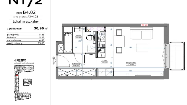 Rzut - Mieszkanie na sprzedaż 1 pokój o powierzchni 30,96 m² - numer B4.02 w Naramowicka 172