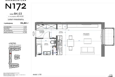 Rzut - Mieszkanie na sprzedaż 1 pokój o powierzchni 31,64 m² - numer B4.03 w Naramowicka 172