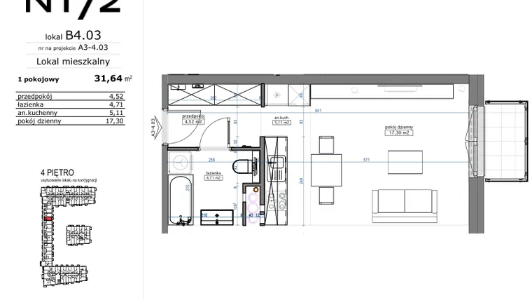 Rzut - Mieszkanie na sprzedaż 1 pokój o powierzchni 31,64 m² - numer B4.03 w Naramowicka 172