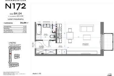 Rzut - Mieszkanie na sprzedaż 1 pokój o powierzchni 31,64 m² - numer B4.04 w Naramowicka 172