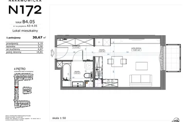 Rzut - Mieszkanie na sprzedaż 1 pokój o powierzchni 30,67 m² - numer B4.05 w Naramowicka 172