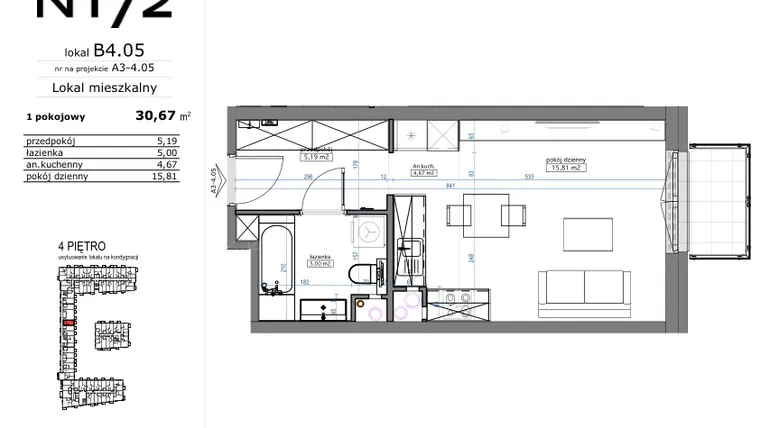 Rzut - Mieszkanie na sprzedaż 1 pokój o powierzchni 30,67 m² - numer B4.05 w Naramowicka 172