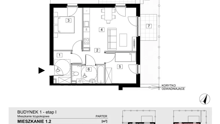 Rzut - Mieszkanie na sprzedaż 3 pokoje o powierzchni 54,15 m² - numer 1.2 w ATAL Jasieny