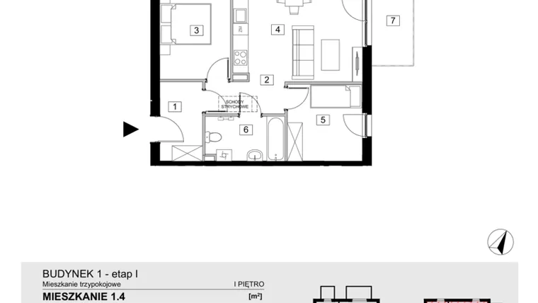 Rzut - Mieszkanie na sprzedaż 3 pokoje o powierzchni 54,27 m² - numer 1.4 w ATAL Jasieny