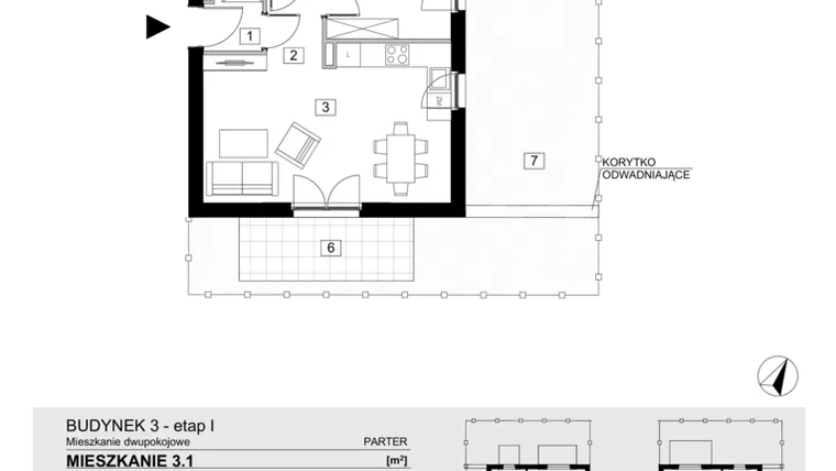 Rzut - Mieszkanie na sprzedaż 2 pokoje o powierzchni 43,36 m² - numer 3.1 w ATAL Jasieny