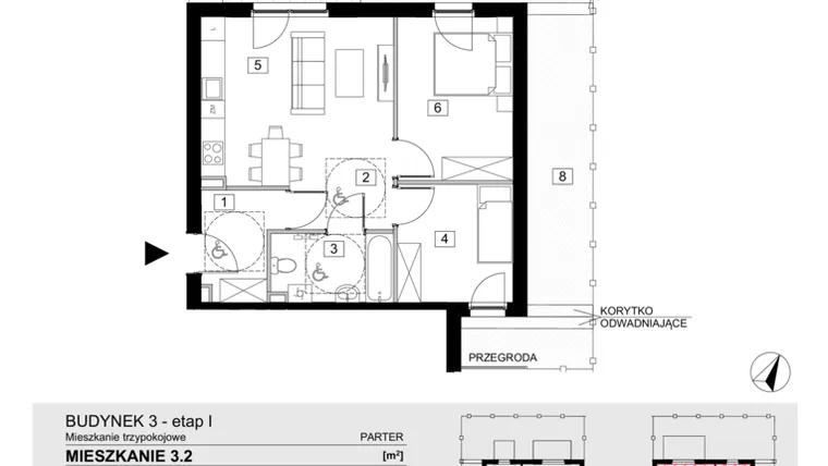 Rzut - Mieszkanie na sprzedaż 3 pokoje o powierzchni 54,33 m² - numer 3.2 w ATAL Jasieny