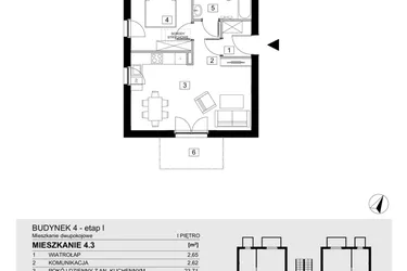 Rzut - Mieszkanie na sprzedaż 2 pokoje o powierzchni 43,55 m² - numer 4.3 w ATAL Jasieny
