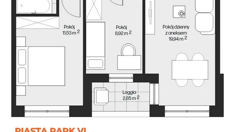 Rzut - Mieszkanie na sprzedaż 3 pokoje o powierzchni 49,63 m² - numer G1-44 w Piasta Park VI