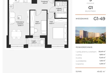 Rzut - Mieszkanie na sprzedaż 3 pokoje o powierzchni 49,77 m² - numer G1-49 w Piasta Park VI