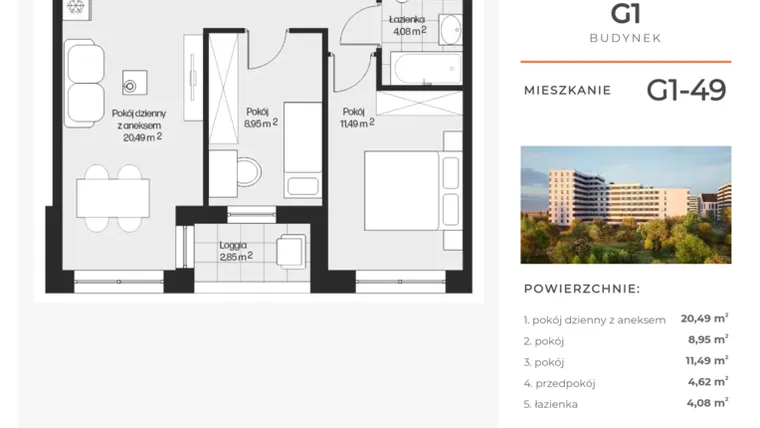 Rzut - Mieszkanie na sprzedaż 3 pokoje o powierzchni 49,77 m² - numer G1-49 w Piasta Park VI