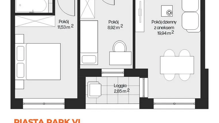 Rzut - Mieszkanie na sprzedaż 3 pokoje o powierzchni 49,63 m² - numer G1-52 w Piasta Park VI