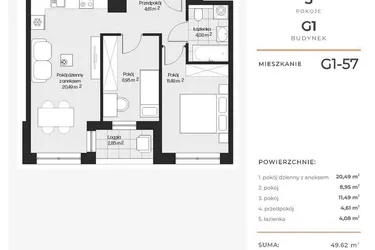 Rzut - Mieszkanie na sprzedaż 3 pokoje o powierzchni 49,86 m² - numer G1-57 w Piasta Park VI
