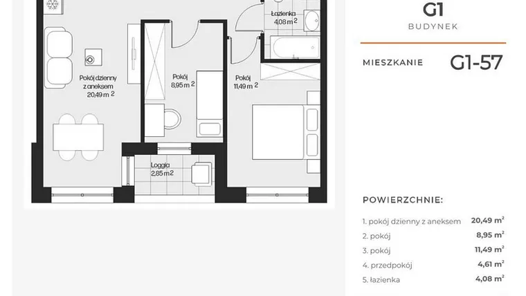 Rzut - Mieszkanie na sprzedaż 3 pokoje o powierzchni 49,86 m² - numer G1-57 w Piasta Park VI