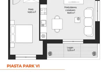 Rzut - Mieszkanie na sprzedaż 2 pokoje o powierzchni 44,29 m² - numer G1-92 w Piasta Park VI