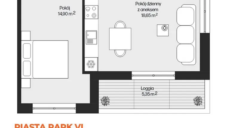 Rzut - Mieszkanie na sprzedaż 2 pokoje o powierzchni 44,29 m² - numer G1-92 w Piasta Park VI