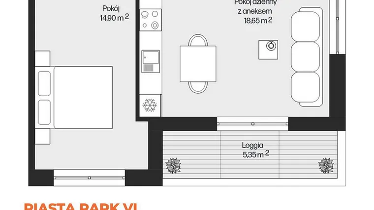 Rzut - Mieszkanie na sprzedaż 2 pokoje o powierzchni 44,28 m² - numer G1-104 w Piasta Park VI