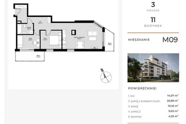Rzut - Mieszkanie na sprzedaż 3 pokoje o powierzchni 64 m² - numer M09 w Łepkowskiego 11