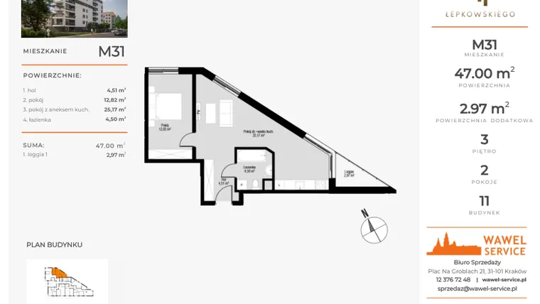 Rzut - Mieszkanie na sprzedaż 2 pokoje o powierzchni 47 m² - numer M31 w Łepkowskiego 11