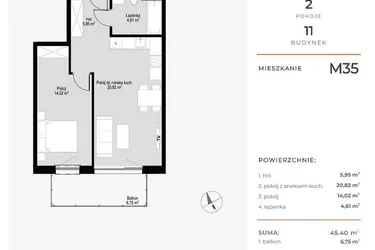 Rzut - Mieszkanie na sprzedaż 2 pokoje o powierzchni 45,85 m² - numer M35 w Łepkowskiego 11