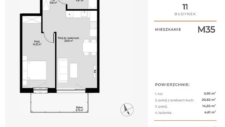 Rzut - Mieszkanie na sprzedaż 2 pokoje o powierzchni 45,85 m² - numer M35 w Łepkowskiego 11