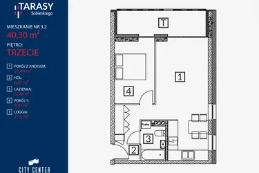 Rzut - Mieszkanie na sprzedaż 2 pokoje o powierzchni 40,3 m² - numer B2.M.3.2 w Tarasy Sobieskiego