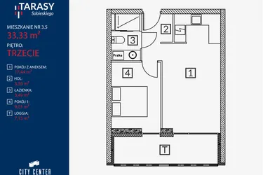 Rzut - Mieszkanie na sprzedaż 2 pokoje o powierzchni 33,33 m² - numer B2.M.3.5 w Tarasy Sobieskiego