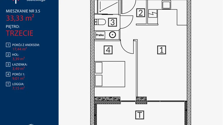 Rzut - Mieszkanie na sprzedaż 2 pokoje o powierzchni 33,33 m² - numer B2.M.3.5 w Tarasy Sobieskiego