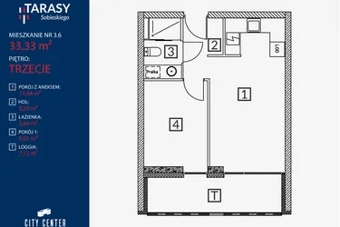 Rzut - Mieszkanie na sprzedaż 2 pokoje o powierzchni 33,33 m² - numer B2.M.3.6 w Tarasy Sobieskiego