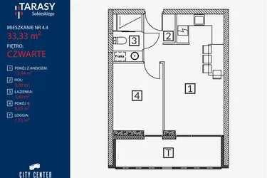 Rzut - Mieszkanie na sprzedaż 2 pokoje o powierzchni 33,33 m² - numer B2.M.4.4 w Tarasy Sobieskiego