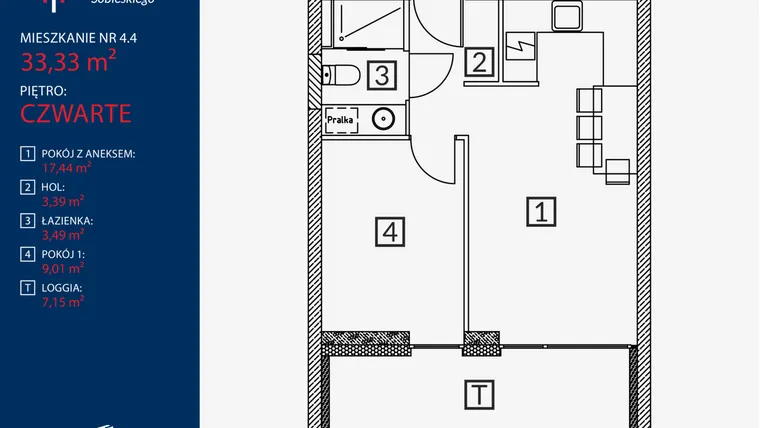 Rzut - Mieszkanie na sprzedaż 2 pokoje o powierzchni 33,33 m² - numer B2.M.4.4 w Tarasy Sobieskiego